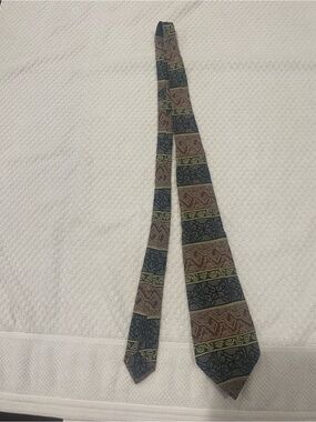 Men's Patterned Stripe Tie in Blue, Brown & Olive